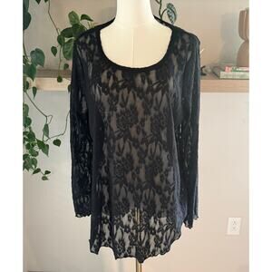 Black Floral Lace Long Sleeve Sheer Top Size 1X Y2K Goth Romantic Whimsygoth